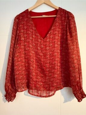 Red V-Neck Long Sleeve Women’s Blouse